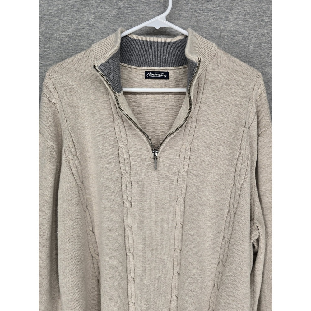 Consensus Men's 1/4 Zip Knit Sweater XXL Cotton Beige Mock Neck Long Sleeve